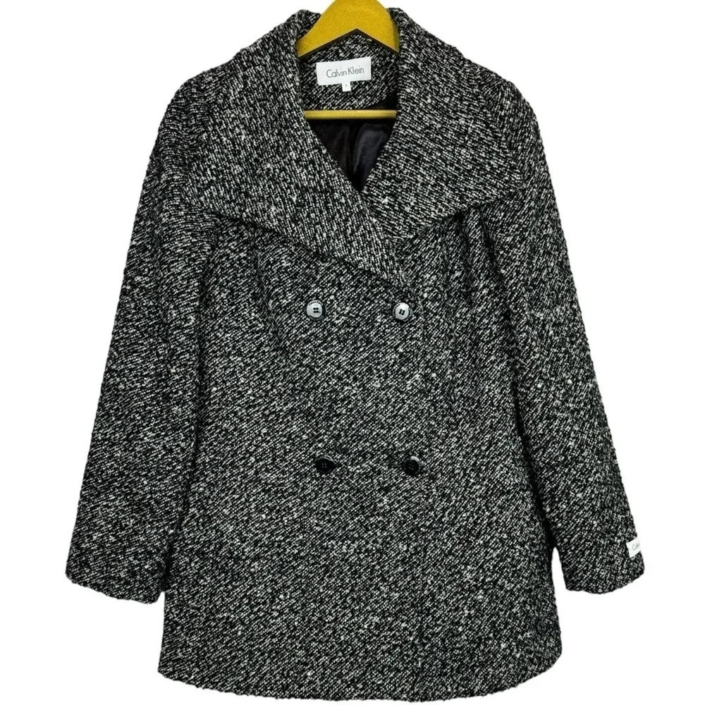 Calvin Klein Wool Blend Pea Coat Jacket Small White Black Doble Breasted Tweed